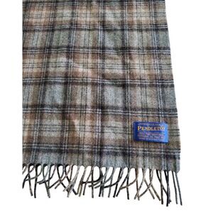 VTG‎ Pendleton Wool Scarf Mens Made in USA Grey Brown Plaid Pure Virgin Wool